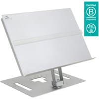 Adjustable silver Dataflex Addit document holder 402 with a flat base, angled support, and certification labels.