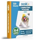 Deskit Laminating Pouches A4, glossy, 120 sheets, 100 microns, clear packaging with colorful image display.