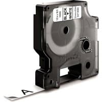 Black Dymo label cassette with white polyester tape, showing text "BLACK ON WHITE" and part number on top.