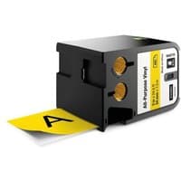 Black and yellow Dymo DirectLabel vinyl cartridge, 54mm x 7m, with visible label strip and product details.
