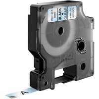 Black Dymo label cassette with transparent tape, 9mm width, displaying "A" in black text.