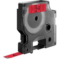Black Dymo label cassette with red label tape, black text, 9mm x 7m, for label printers.