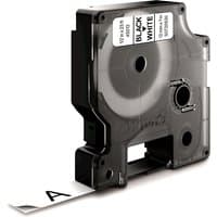 Black Dymo label cassette with white tape, 12mm x 7m, showing "BLACK ON WHITE" text on label.