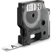 Black and white DYMO D1 Durable label tape cartridge, 12mm, with transparent casing and visible tape feed.
