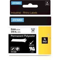 "Dymo IND Permanent Polyester label tape, black text on white, 9mm x 5.5m, in black and yellow packaging"