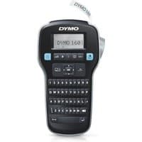 Black DYMO LabelManager 160 QWERTY label printer with LCD screen and white label tape emerging from top.