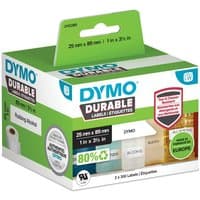 Dymo LabelWriter white self-adhesive labels in a green and white box with product details and label roll image.