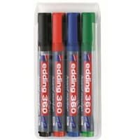 Edding 360 marker set with black, red, blue, and green pens in a clear plastic case.