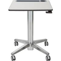 Adjustable Ergotron LearnFit desk with white tabletop, silver frame, and four caster wheels.
