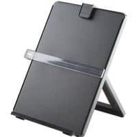 Black plastic Fellowes document holder with adjustable clip and clear line guide on a foldable stand.