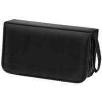 Black Hama CD wallet made of nylon, holds 120 discs, rectangular shape with zipper closure and carrying strap.