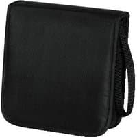 Black Hama CD wallet, nylon material, holds 20 discs, compact square design with zipper and carrying strap.
