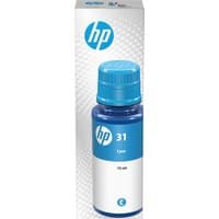 HP 31 cyan ink bottle, 70-ml, with blue cap and HP logo, next to matching branded box.
