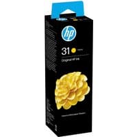 HP 31 yellow ink bottle in black box with flower graphic and blue top handle