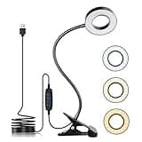 Black KNAMKY USB LED desk lamp with clip, flexible neck, circular light head, and three light modes with dimmable settings.