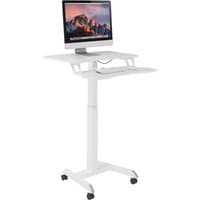 White two-tier mobile desk trolley workstation with gas spring height adjustment and four caster wheels.