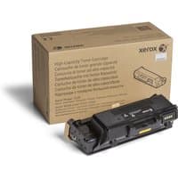 Black Xerox toner cartridge with yellow label, placed in front of a brown box with product details.
