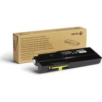 Black Xerox toner cartridge with yellow label, rectangular shape, next to brown branded packaging box.