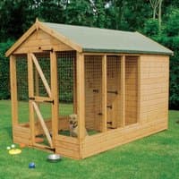Wooden dog kennel with apex roof, mesh run, and secure door, 10' x 6', set on grass with a dog inside.