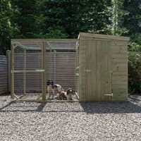 Forest Hedgerow wooden dog kennel with 6ft wire mesh run, natural wood finish, sloped roof, and secure door.