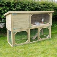 Wooden 2-tier rabbit hutch with wire mesh doors, slanted roof, and natural finish, measuring 6'4 x 2'5.