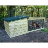 Wooden chicken coop with sloped roof, mesh sides, and attached 4ft run, housing chickens in a forest setting.