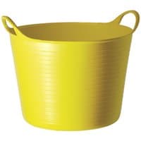 Yellow flexible plastic tub with two handles and ribbed texture.