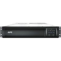 Black APC Smart-UPS, 2U rackmount, LCD display, 8 IEC C13 and 2 IEC C19 outlets, network card, line interactive design.