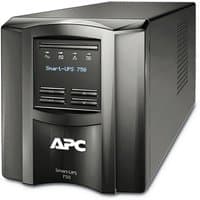 Black APC Smart-UPS SMT750IC with LCD display, 6 C13 outlets, USB port, SmartConnect, 750VA capacity.