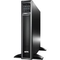 Black APC Smart-UPS X SMX750I with LCD display, 8 C13 outputs, USB port, and expandable runtime, tower design.