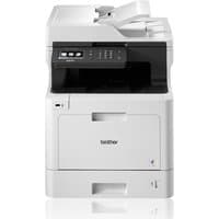 White Brother DCP-L8410CDW multifunction laser printer with touchscreen, Wi-Fi, and A4 paper tray.