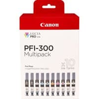 Canon PFI-300 ink cartridge multipack, 10 colors including black, cyan, magenta, yellow, in red and white packaging.
