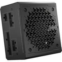 Black Corsair RM650e power supply unit with honeycomb vent design and multiple connector ports.