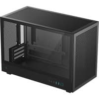Black DeepCool CH260 Micro Tower with mesh panels and clear side window.
