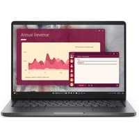 Black Dell Pro 14 laptop with 14" Full HD+ display, slim bezels, showing graphs on screen, UK English keyboard.