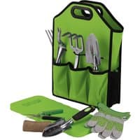 Green and black Draper Expert garden tool set with trowels, pruners, gloves, and storage bag with pockets.