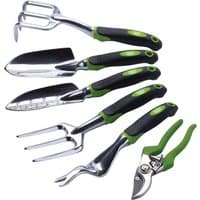 Draper Expert garden tool set with black and green handles, includes trowel, fork, weeder, transplanter, cultivator, pruner.