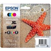 Epson 603XL ink cartridge multipack with black, cyan, magenta, yellow cartridges, starfish image on packaging.