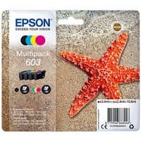 Epson 603 multipack ink cartridge set with black, cyan, magenta, yellow cartridges and starfish image on packaging.