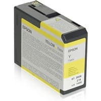 Yellow Epson T580400 ink cartridge with black and gray accents, featuring product details on the label.