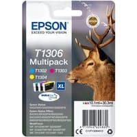 Epson Stag Multipack T1306 ink cartridges in cyan, magenta, yellow packaging featuring a stag image.