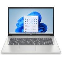 Silver HP 17.3" laptop with full HD display, black keyboard, and Windows 11 Home screen.