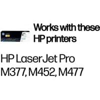 Black HP 410A LaserJet toner cartridge box with HP logo, compatible with LaserJet Pro M377, M452, M477 printers.
