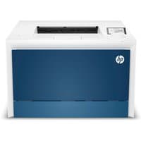 White HP Color LaserJet Pro 4202dw printer with blue front panel and small display screen on top right.