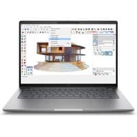 Silver HP ZBook 8 G1i laptop, 14" screen, slim design, backlit keyboard, displaying architectural software.