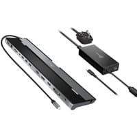 Black and silver j5create USB-C docking station with multiple ports and 100W power adapter.