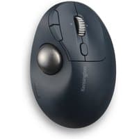 Ergonomic black Kensington trackball mouse with silver ball, scroll wheel, and customizable buttons.