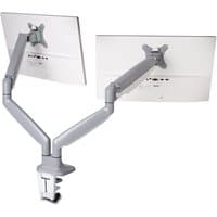 Gray Kensington dual monitor arm with adjustable height and two VESA mounts on a desk clamp base.