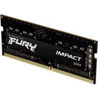 Black Kingston FURY Impact DDR4 SODIMM RAM with gold connectors and white logo on a sleek black heat spreader.