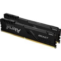 Black Kingston FURY Beast DDR4 RAM kit, 64GB, 3600MT/s, CL18, with sleek heat spreaders and bold white branding.